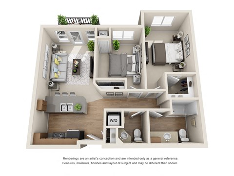 Floor plan for 2 beds, 1.5 baths, 991 sqft